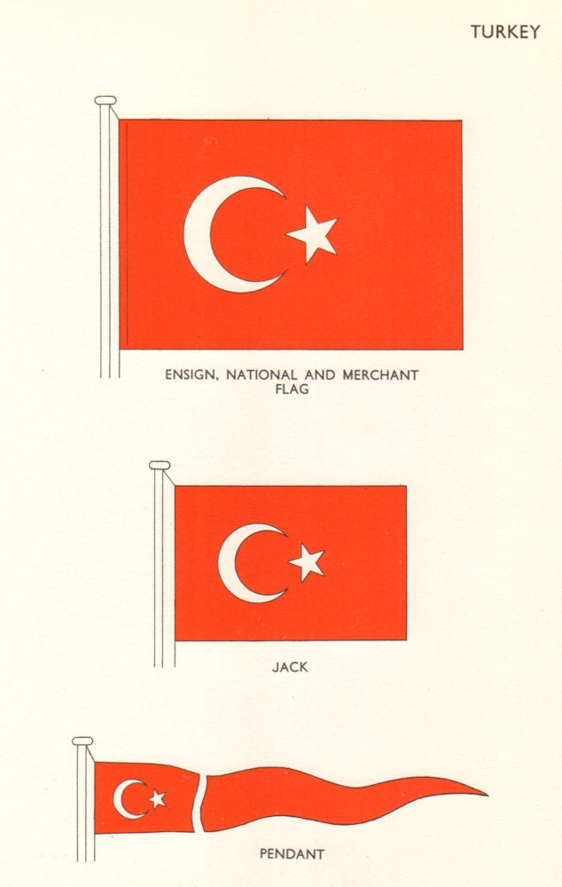 TURKEY FLAGS. Ensign, National and Merchant Flag, Jack, Pendant 1964 old print